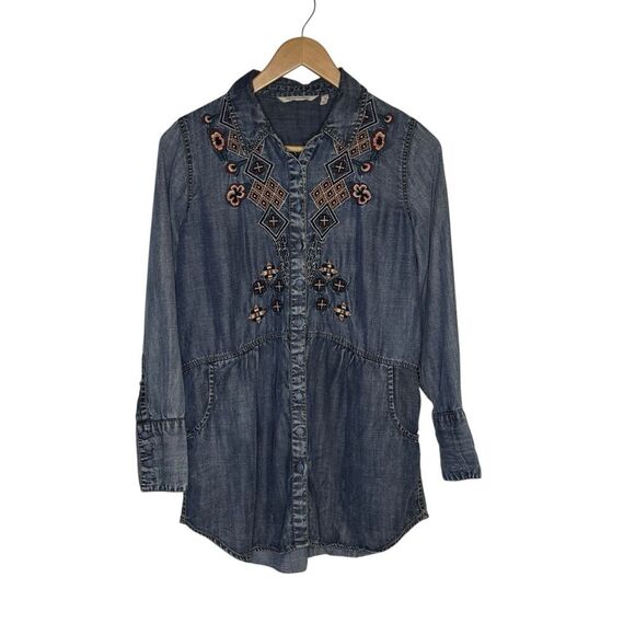 Soft Surroundings Embroidered Boho Hippie Flowy Denim Jean Tunic Size Medium - Picture 2 of 7